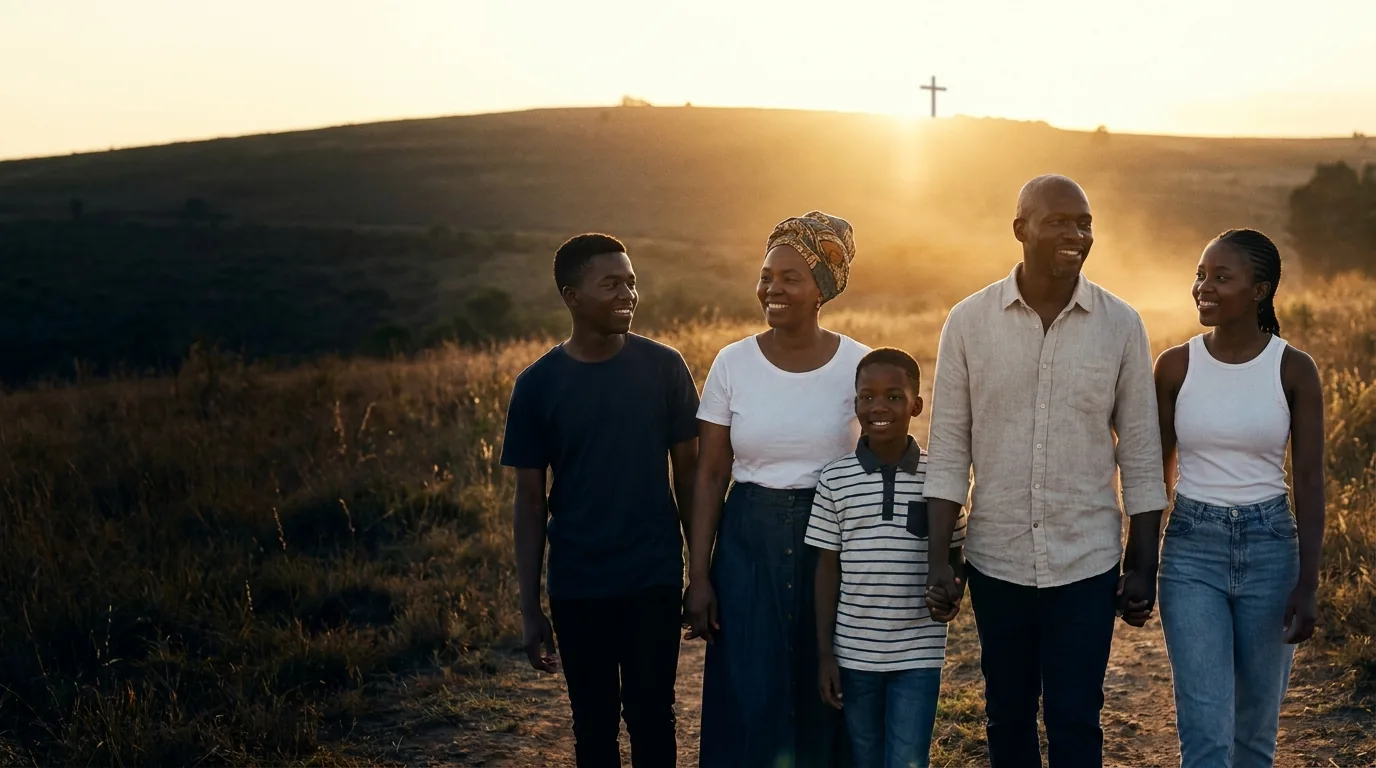 A family walking in warm sunrise light beneath a distant cross
